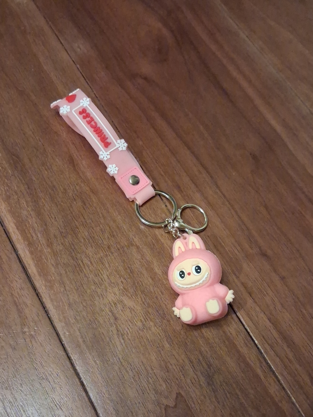 Labubu Character Key Chain, Pink Silicone, Gold Tone